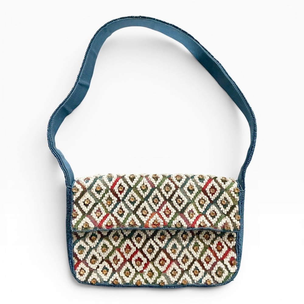 Anthropologie Fiona Beaded Bag Geometric Edition Moody‎ Flower Teal Blue New